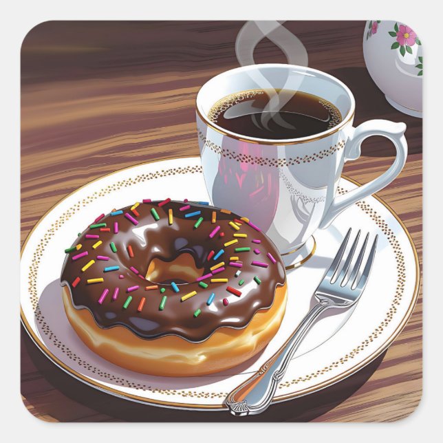 Chocolate Frosted Donut and Coffee  Square Sticker (Front)