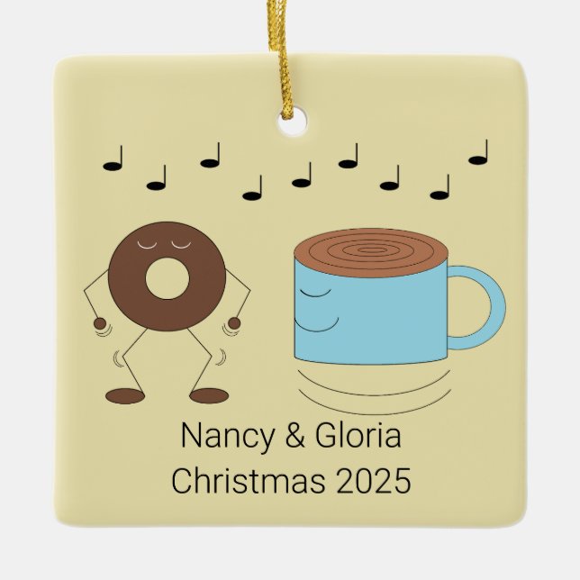 Chocolate Frosted Donut & Coffee Mug Dancing: Ceramic Ornament (Front)