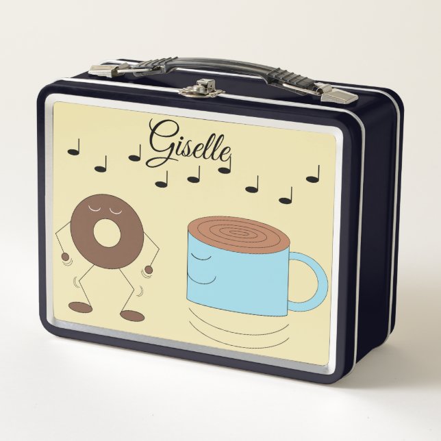 Chocolate Frosted Donut & Coffee Mug Dancing: Metal Lunch Box (Front)