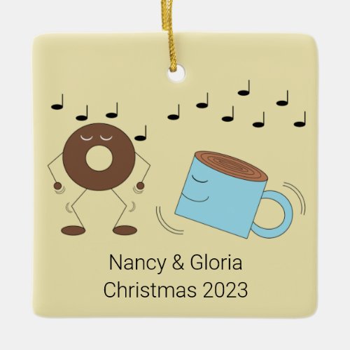 Chocolate Frosted Donut  Decaf Coffee Dancing Ceramic Ornament