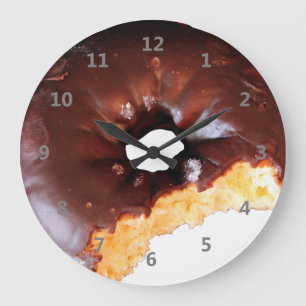 Chocolate Frosted Yellow Cake Donut with Bite Out Large Clock