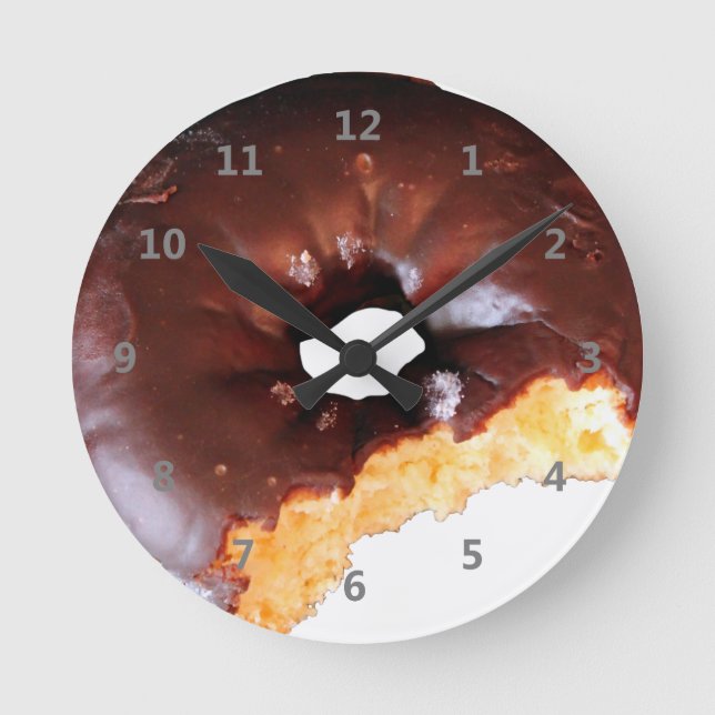Chocolate Frosted Yellow Cake Donut with Bite Out Round Clock (Front)