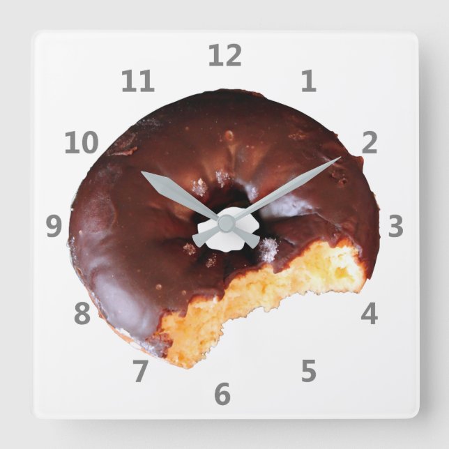 Chocolate Frosted Yellow Cake Donut with Bite Out Square Wall Clock (Front)