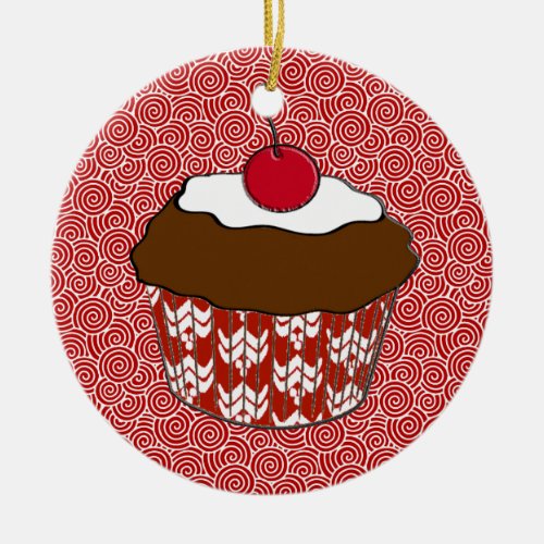 Chocolate Fudge Cupcake Topped with a Cherry Ceramic Ornament