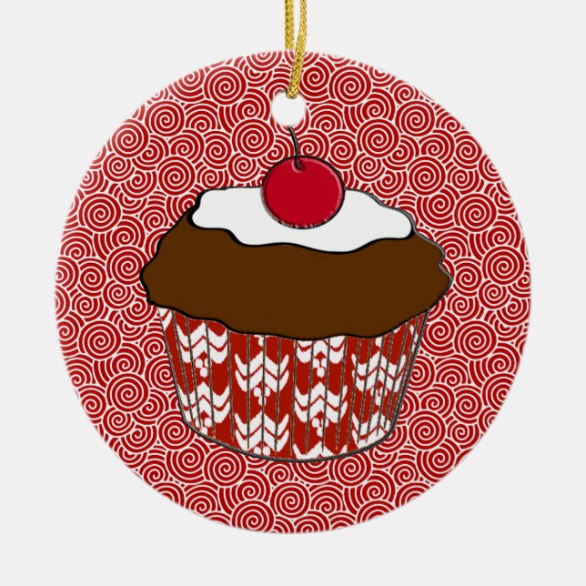 Chocolate Fudge Cupcake Topped with a Cherry Ceramic Ornament (Front)
