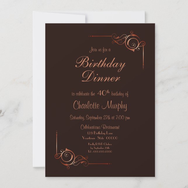 Chocolate Gold Floral Leaf 40th Birthday Dinner Invitation (Front)