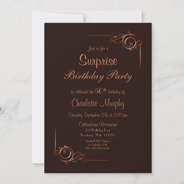 Chocolate Gold Floral Surprise 50th Birthday Party Invitation (Front)