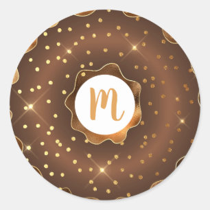 Chocolate gold glitter doughnut monogram glam bold classic round sticker