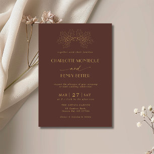 Chocolate & Gold Holly Tree Leaves Luxury Wedding Invitation