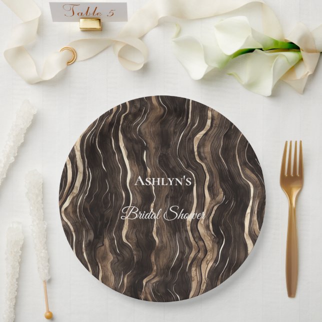 Chocolate Gold Swirls Floral Bridal Shower Paper Plates (Wedding)
