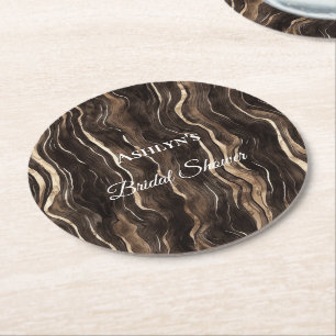 Chocolate Gold Swirls Floral Bridal Shower Round Paper Coaster
