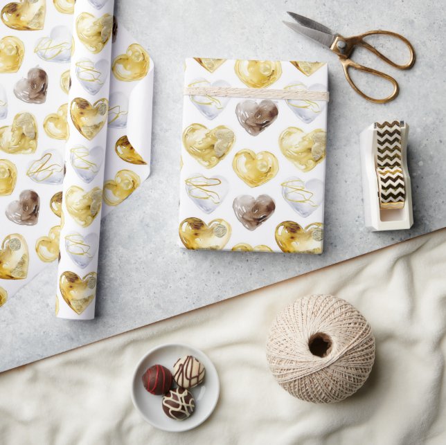 Chocolate Gold White Hearts Birthday Wrapping Paper (Crafts)