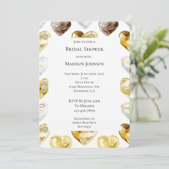 Chocolate Gold White Hearts Bridal Shower Invitation (Standing Front)