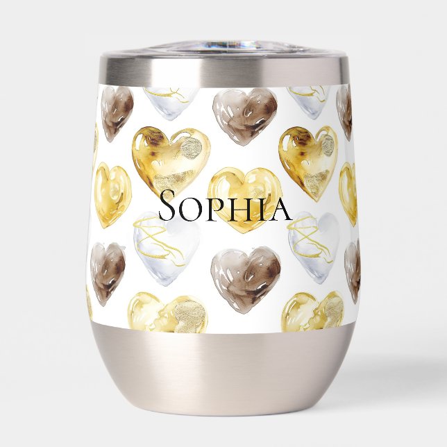 Chocolate Gold White Hearts   Thermal Wine Tumbler (Front)