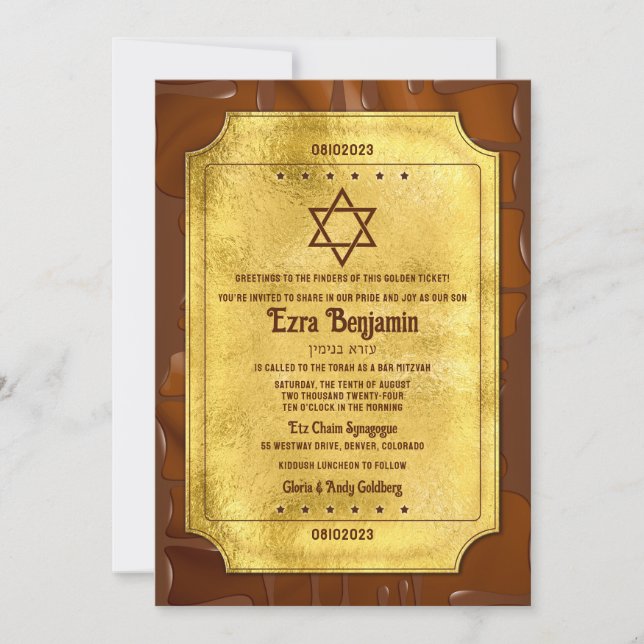 Chocolate Golden Ticket Bat Mitzvah or Bar Mitzvah Invitation (Front)