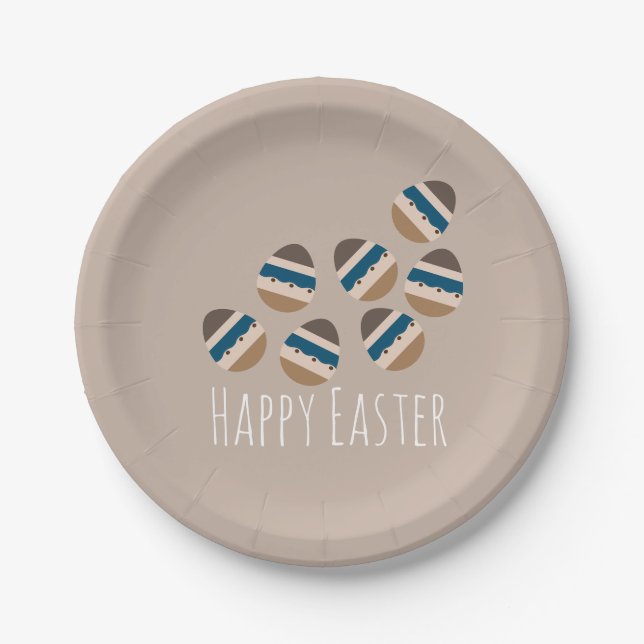 Chocolate Happy Easter Eggs Earth Tone Blue Brown Paper Plates (Front)