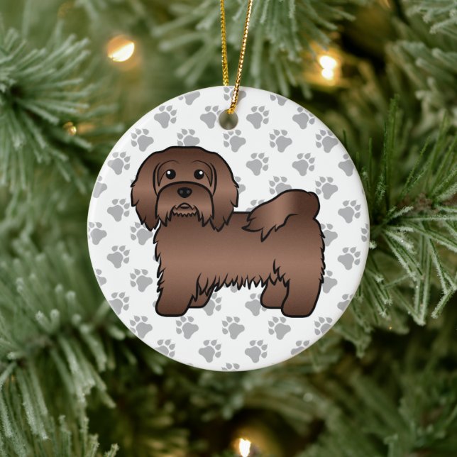 Chocolate Havanese Cute Cartoon Dog Illustration Ceramic Ornament (Tree)