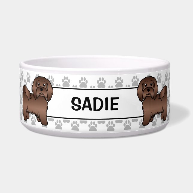 Chocolate Havanese Cute Cartoon Dog & Paws & Name Bowl (Front)