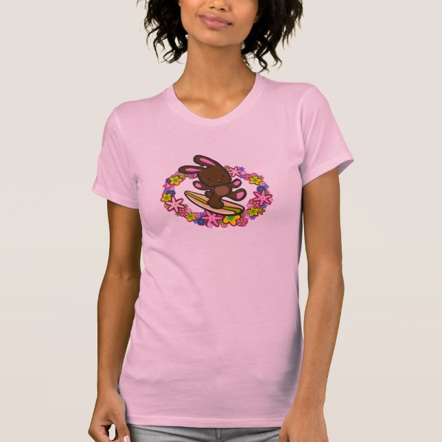 Chocolate Hawaiian Surfing Bunny Cartoon Pink T-Shirt (Front)