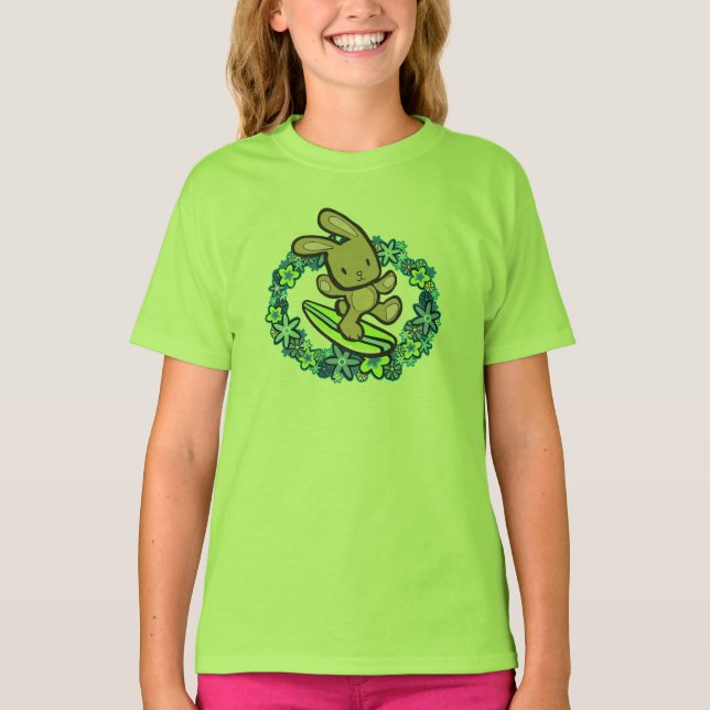 Chocolate Hawaiian Surfing Bunny Cartoon Turq T-Shirt (Front)