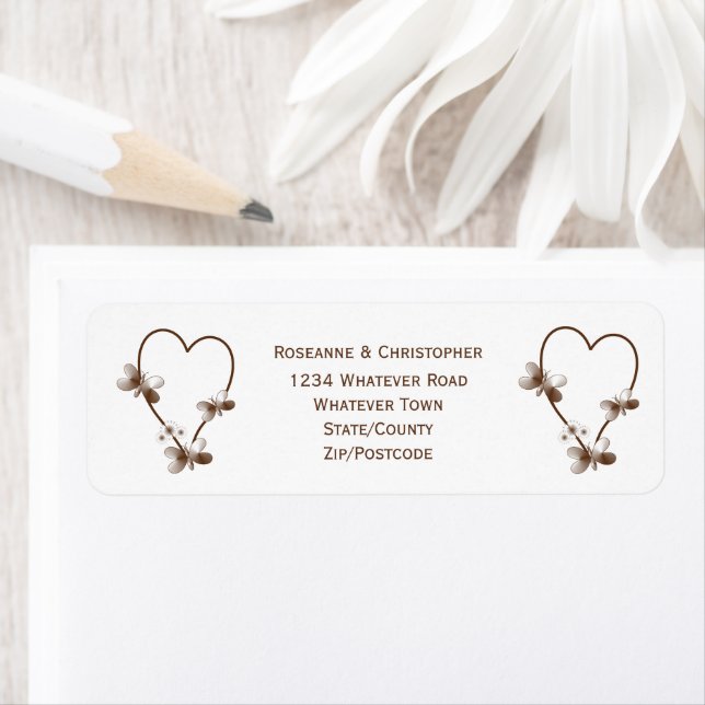 Chocolate Heart And Butterflies Design Wedding Label (Insitu)