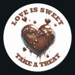 Chocolate heart realistic love sweet candy favor classic round sticker<br><div class="desc">A vibrant and realistic looking 3D AI graphic of a milk chocolate heart in brown that has small hearts scattered around it is set against a stark white background that makes it pop. There are curved dark brown text templates situated above and below it which may be personalized to suit...</div>