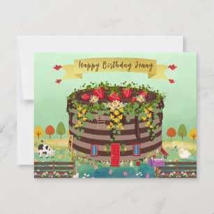 Chocolate House Cake in Countryside Birthday Card