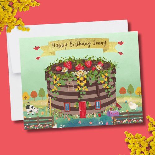 Chocolate House Cake in Countryside Birthday Card