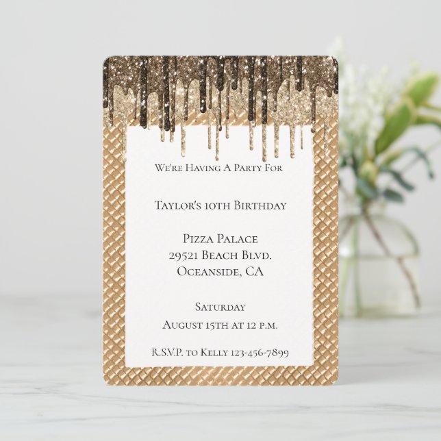 Chocolate Ice Cream Cone Glitter Drips Invitation (Standing Front)