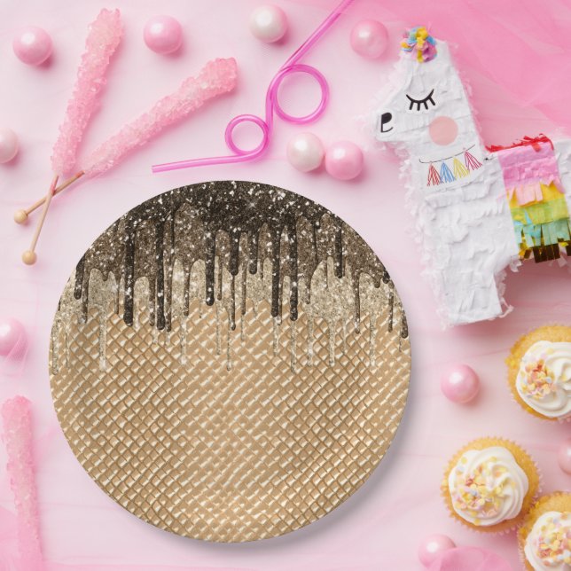 Chocolate Ice Cream Cone Glitter Drips Paper Plates (Party)