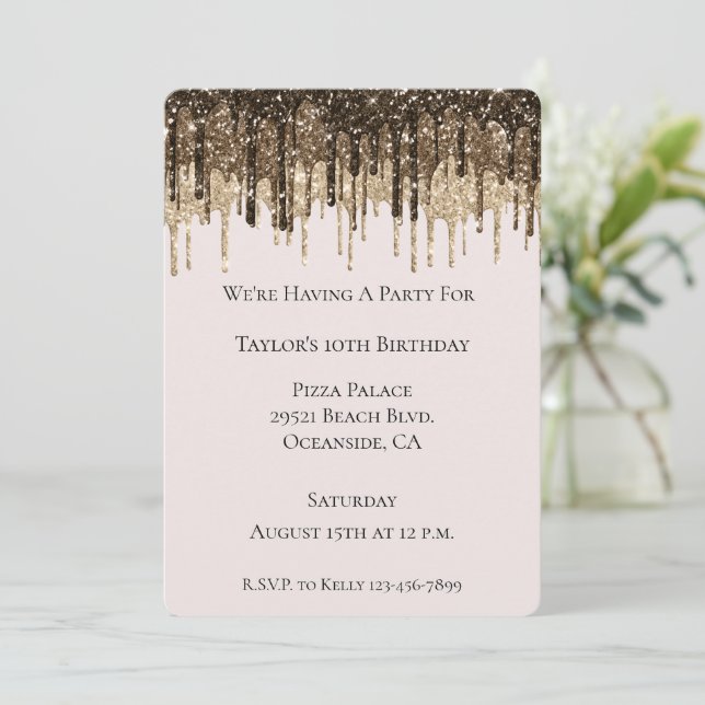 Chocolate Ice Cream Glitter Drips Birthday Invitation (Standing Front)