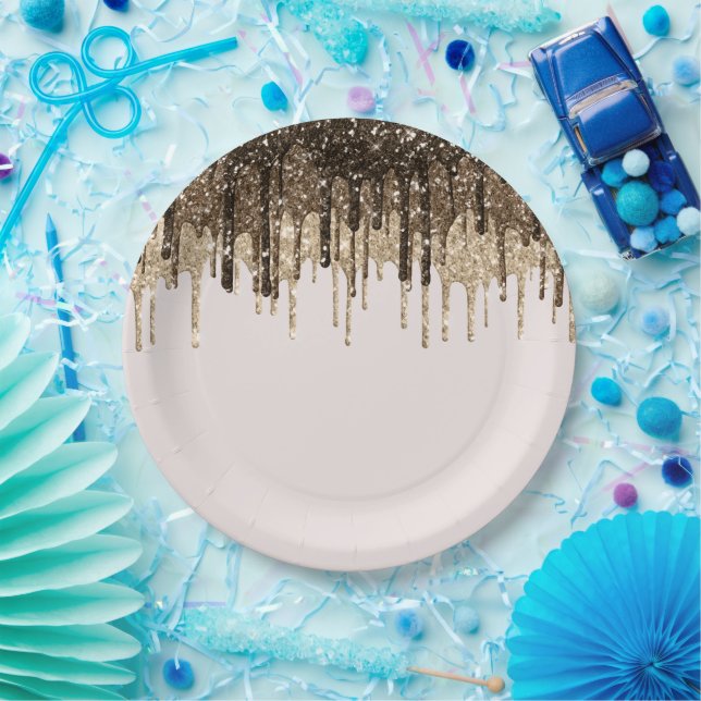 Chocolate Ice Cream Glitter Drips Birthday Paper Plates (Party)