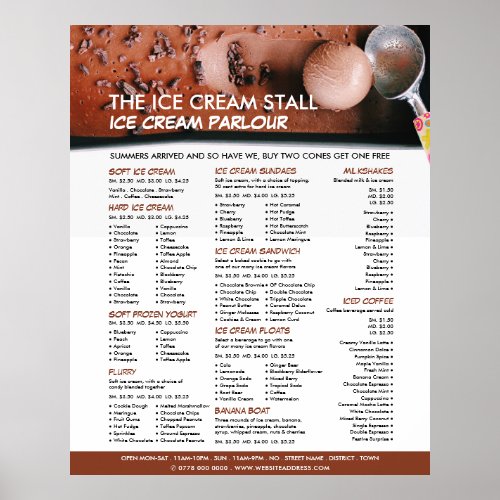 Chocolate Ice Cream Ice Cream Parlor Menu Poster