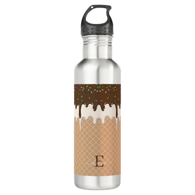 Chocolate Ice Cream Waffle Cone Sprinkle Monogram  Stainless Steel Water Bottle (Front)