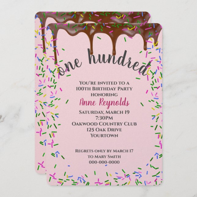 Chocolate Icing With Sprinkles for 100th Birthday Invitation (Front/Back)