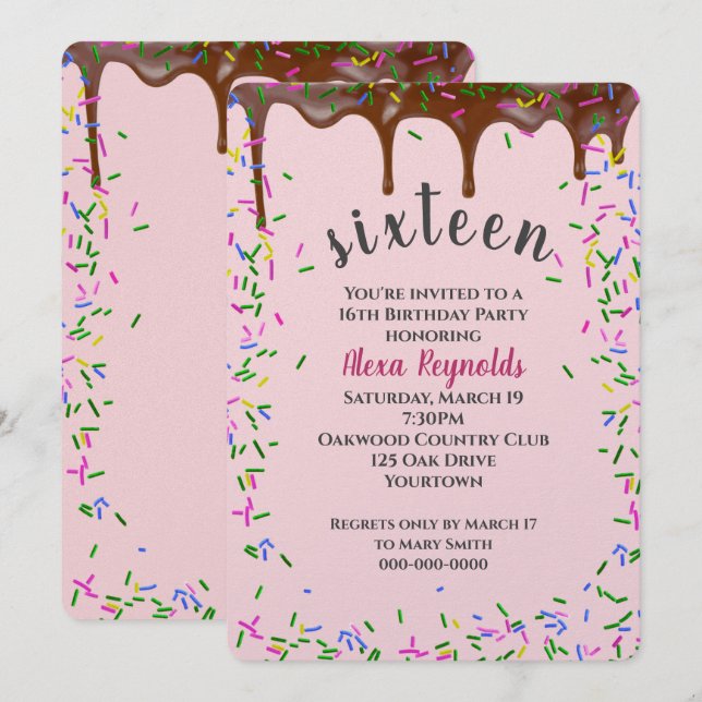 Chocolate Icing With Sprinkles for 16th Birthday Invitation (Front/Back)