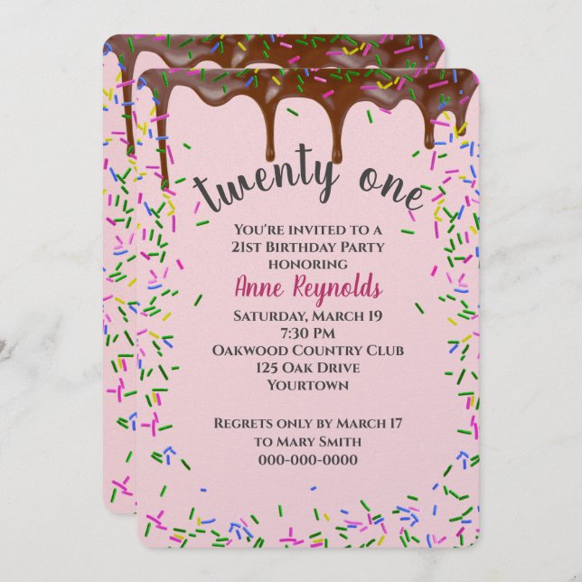 Chocolate Icing With Sprinkles for 21st Birthday Invitation (Front/Back)