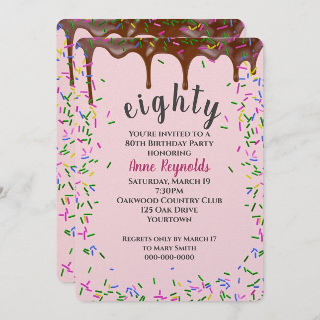 Chocolate Icing With Sprinkles for 80th Birthday Invitation (Front/Back)