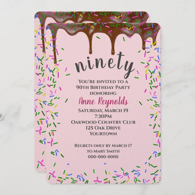 Chocolate Icing With Sprinkles for 90th Birthday Invitation (Front/Back)