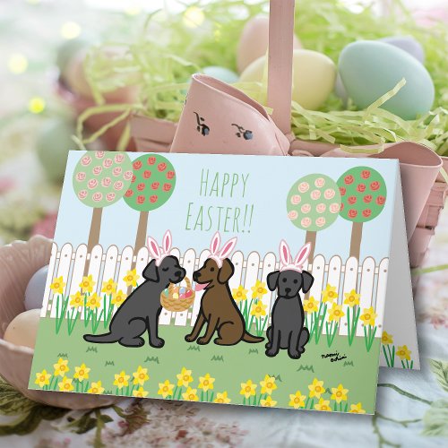 Chocolate Lab and Black Labs Easter Bunnies Garden Holiday Card