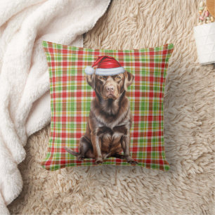 Chocolate Lab and Holiday Plaid Christmas Throw Pillow