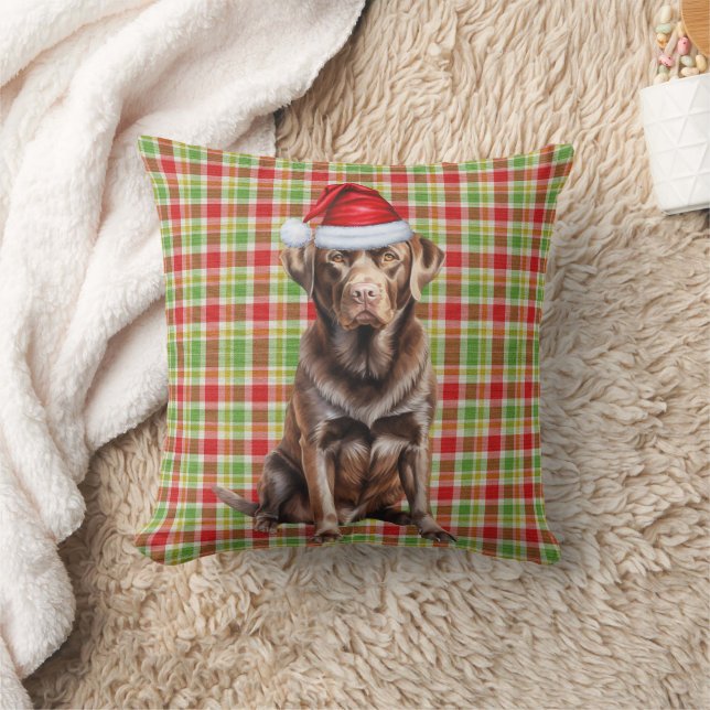 Chocolate Lab and Holiday Plaid Christmas Throw Pillow (Blanket)