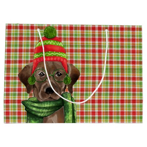 Chocolate Lab and Red with Green Plaid Christmas Large Gift Bag
