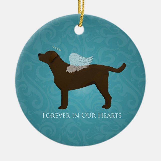 Chocolate Lab Angel Pet Memorial Design Ceramic Ornament (Front)