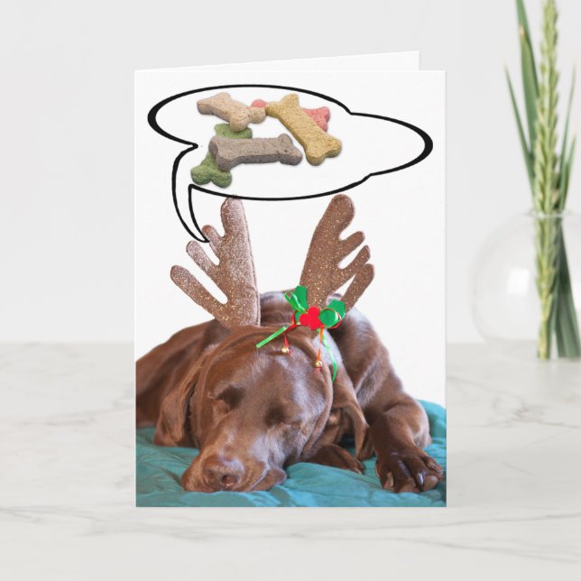 Chocolate Lab Antlers Treats Photo Personalized Holiday Card (Front)