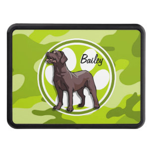 Chocolate Lab; bright green camo, camouflage Tow Hitch Cover