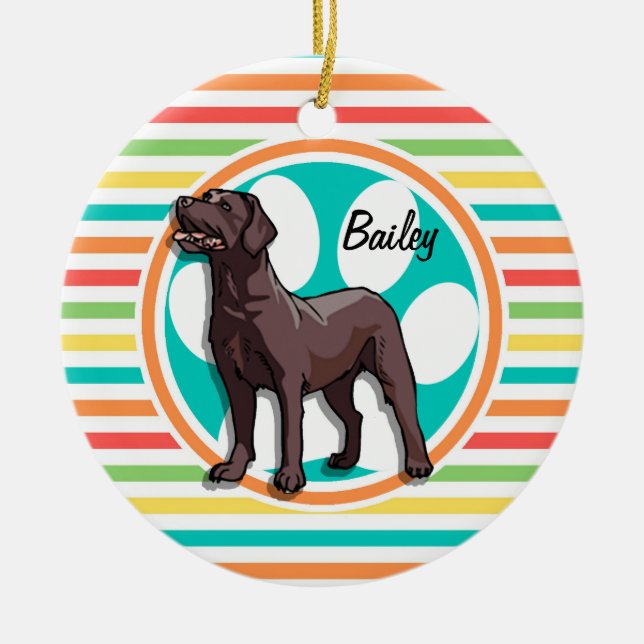 Chocolate Lab; Bright Rainbow Stripes Ceramic Ornament (Front)