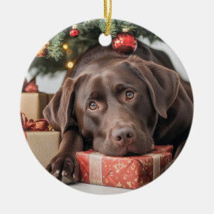 Chocolate Lab Christmas Ceramic Ornament