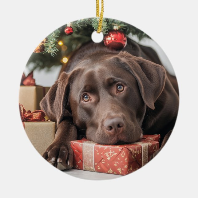 Chocolate Lab Christmas Ceramic Ornament (Front)