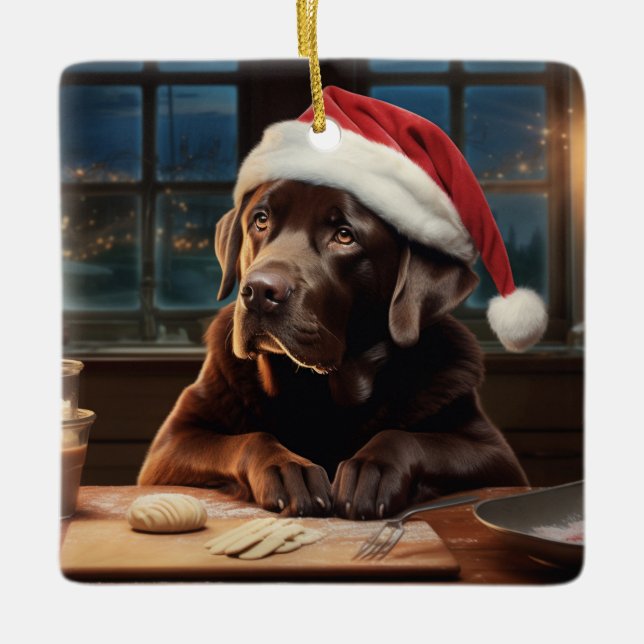 Chocolate Lab Christmas Cookies Festive Holiday Ceramic Ornament (Front)
